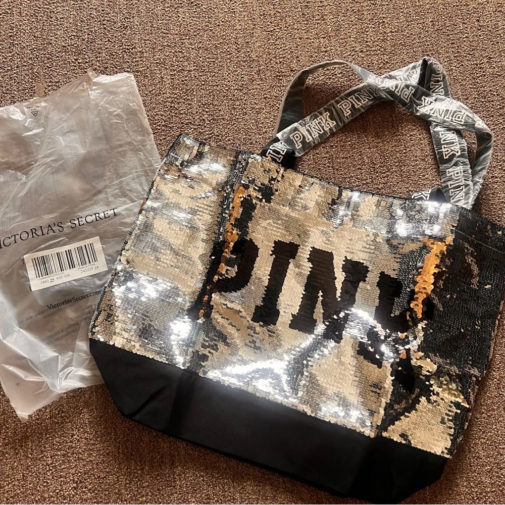 Victoria's Secret Black and Silver Tote Bag with Shimmering Sequins